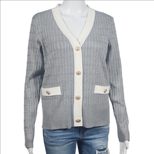 Adrianna Papell Gray & White Soft Cable Knit Gold Button Down Cardigan Sweater